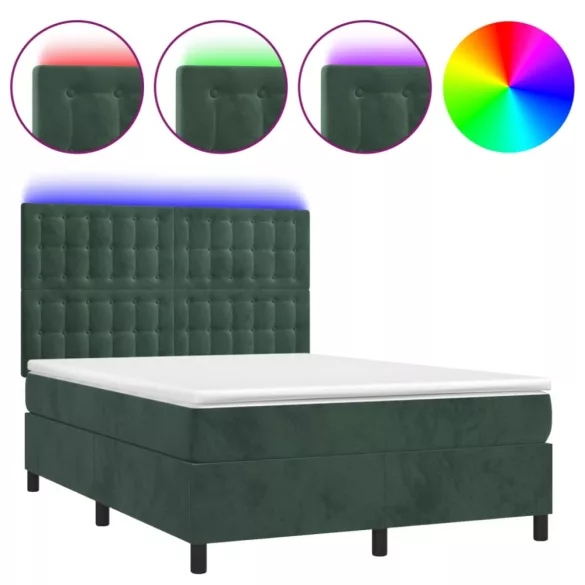 sötétzöld bársony rugós és LED-es ágy matraccal 140x190 cm