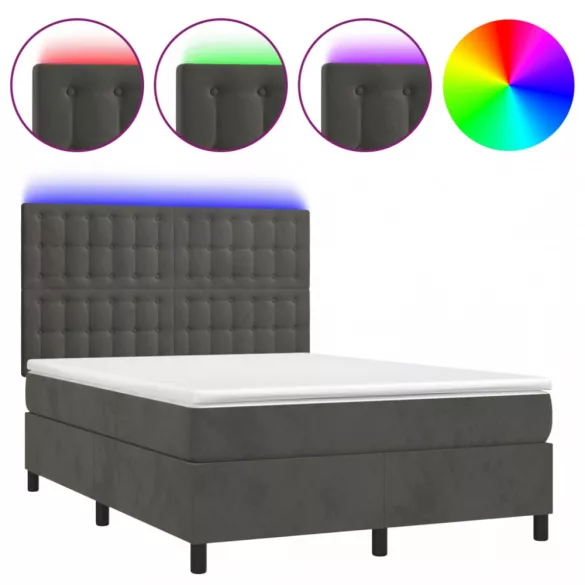 sötétszürke bársony rugós és LED-es ágy matraccal 140x200 cm