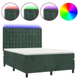 sötétzöld bársony rugós és LED-es ágy matraccal 140x200 cm