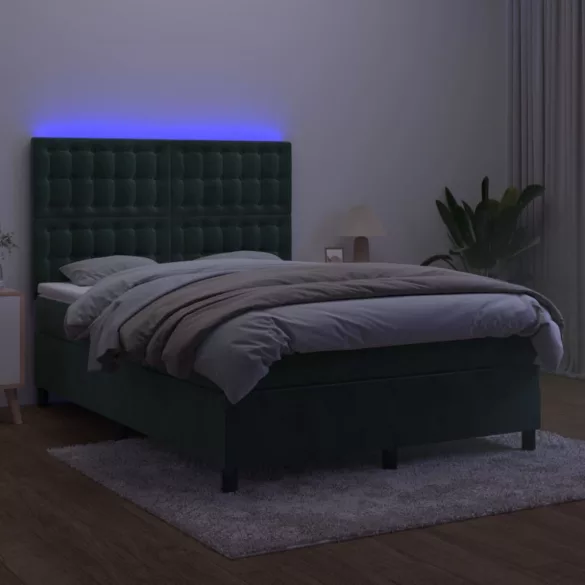 sötétzöld bársony rugós és LED-es ágy matraccal 140x200 cm