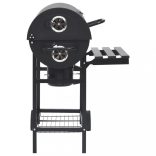 fekete acél hengeres grillsütő kerékkel és polccal 115x85x95 cm