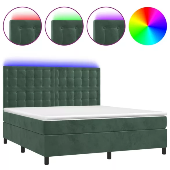 sötétzöld bársony rugós és LED-es ágy matraccal 160x200 cm