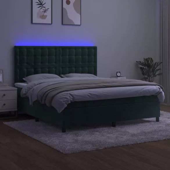 sötétzöld bársony rugós és LED-es ágy matraccal 160x200 cm