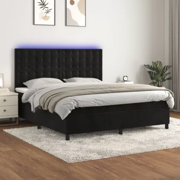 fekete bársony rugós és LED-es ágy matraccal 180x200 cm