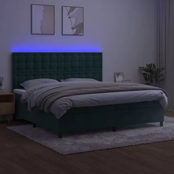sötétzöld bársony rugós és LED-es ágy matraccal 200x200 cm