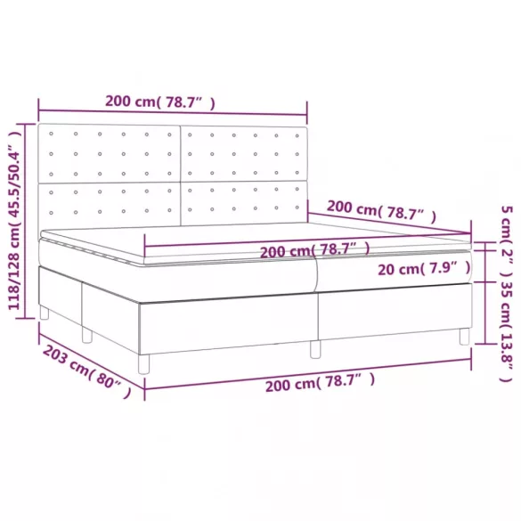 sötétzöld bársony rugós és LED-es ágy matraccal 200x200 cm