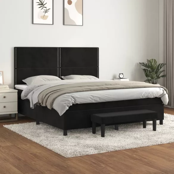 fekete bársony rugós ágy matraccal 160x200 cm