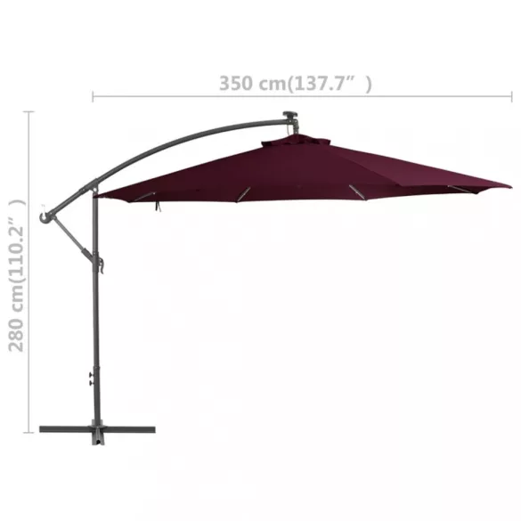 bordó konzolos napernyő LED-világítással 350 cm