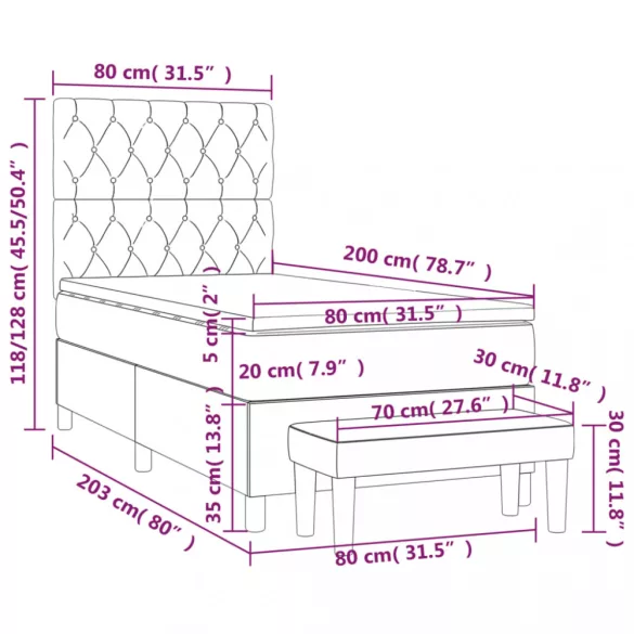 világosszürke bársony rugós ágy matraccal 80 x 200 cm