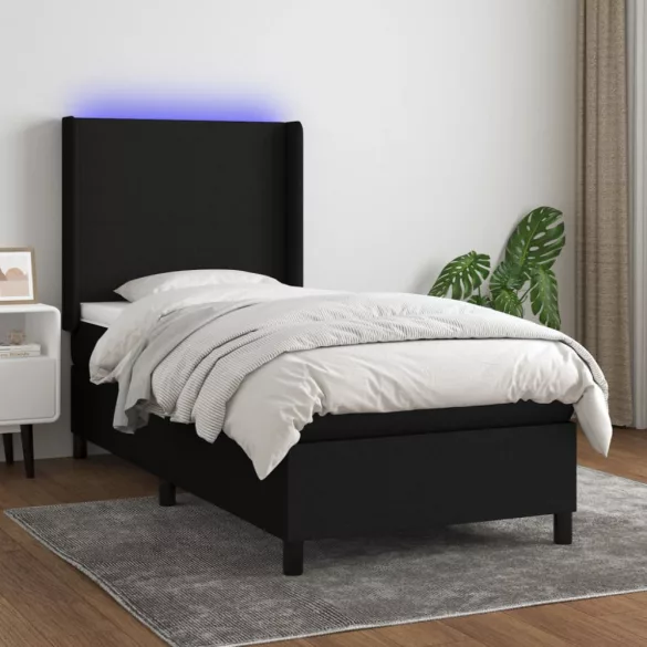 fekete szövet rugós és LED-es ágy matraccal 90x190 cm