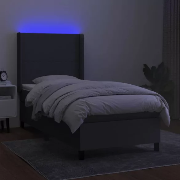 sötétszürke szövet rugós és LED-es ágy matraccal 90x200 cm