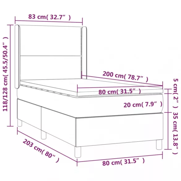 fekete szövet rugós és LED-es ágy matraccal 80 x 200 cm