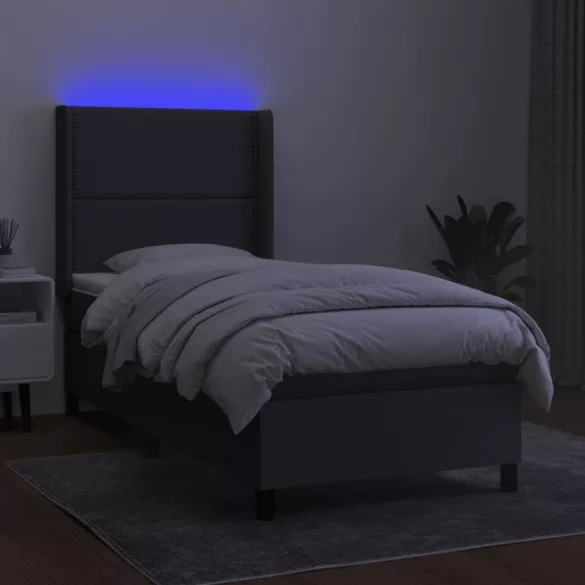 sötétszürke szövet rugós és LED-es ágy matraccal 90x190 cm