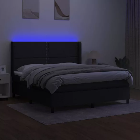 fekete szövet rugós és LED-es ágy matraccal 180 x 200 cm