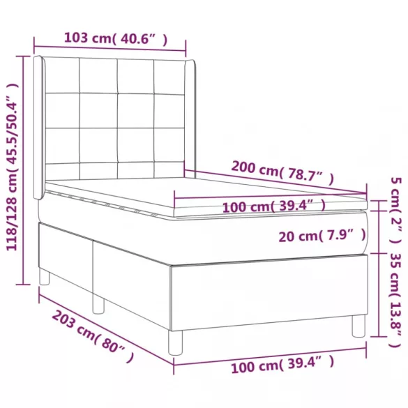 fekete szövet rugós és LED-es ágy matraccal 100x200 cm