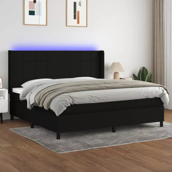 fekete szövet rugós és LED-es ágy matraccal 200x200 cm