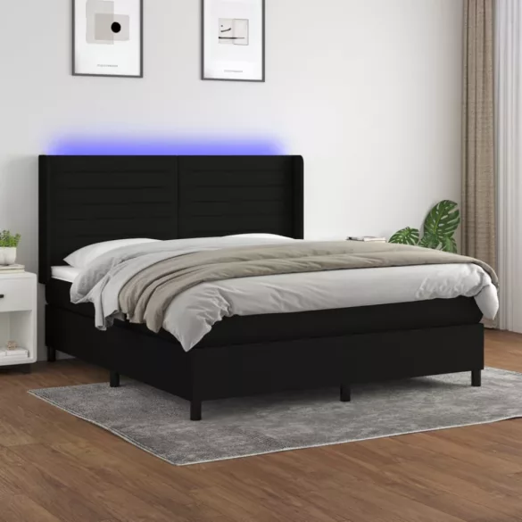 fekete szövet rugós és LED-es ágy matraccal 180 x 200 cm