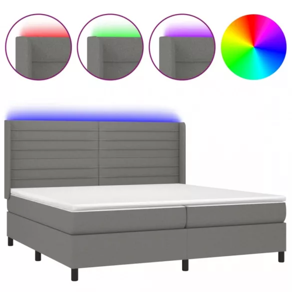 sötétszürke szövet rugós és LED-es ágy matraccal 200x200 cm