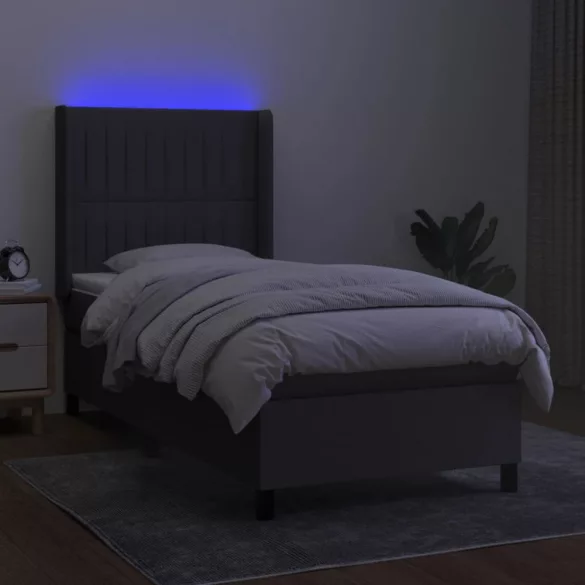 sötétszürke szövet rugós és LED-es ágy matraccal 90x190 cm