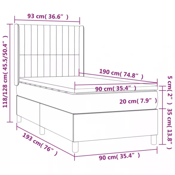 sötétszürke szövet rugós és LED-es ágy matraccal 90x190 cm
