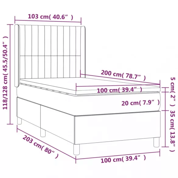 sötétszürke szövet rugós és LED-es ágy matraccal 100x200 cm