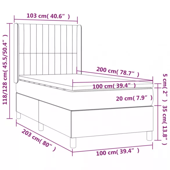 fekete szövet rugós és LED-es ágy matraccal 100x200 cm