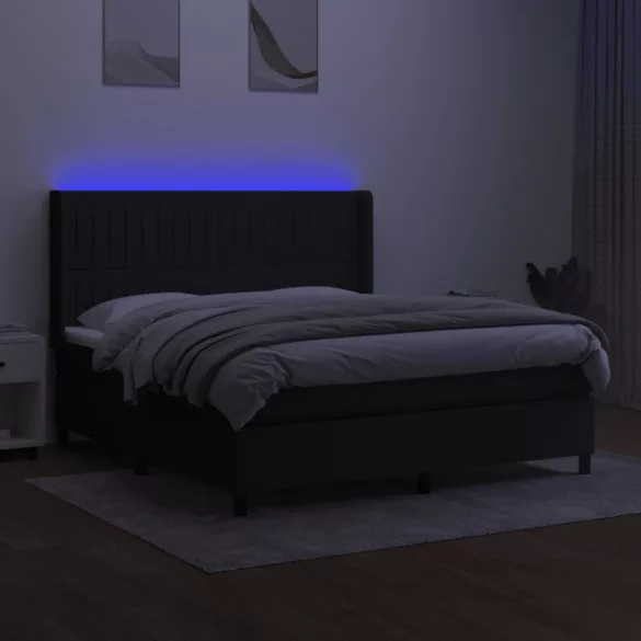 fekete szövet rugós és LED-es ágy matraccal 180 x 200 cm