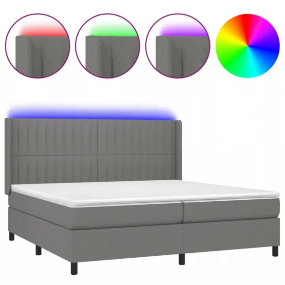 sötétszürke szövet rugós és LED-es ágy matraccal 200x200 cm