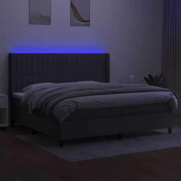 sötétszürke szövet rugós és LED-es ágy matraccal 200x200 cm