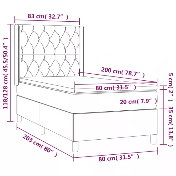 sötétszürke szövet rugós és LED-es ágy matraccal 80 x 200 cm