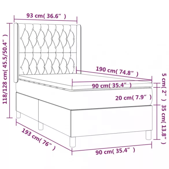 sötétszürke szövet rugós és LED-es ágy matraccal 90x190 cm