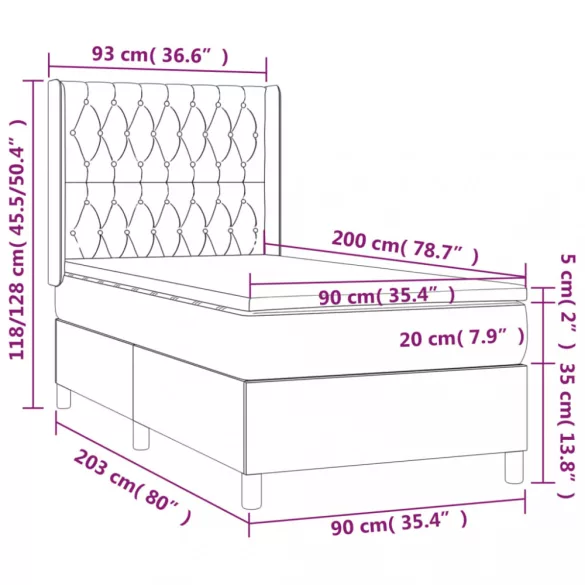 sötétszürke szövet rugós és LED-es ágy matraccal 90x200 cm