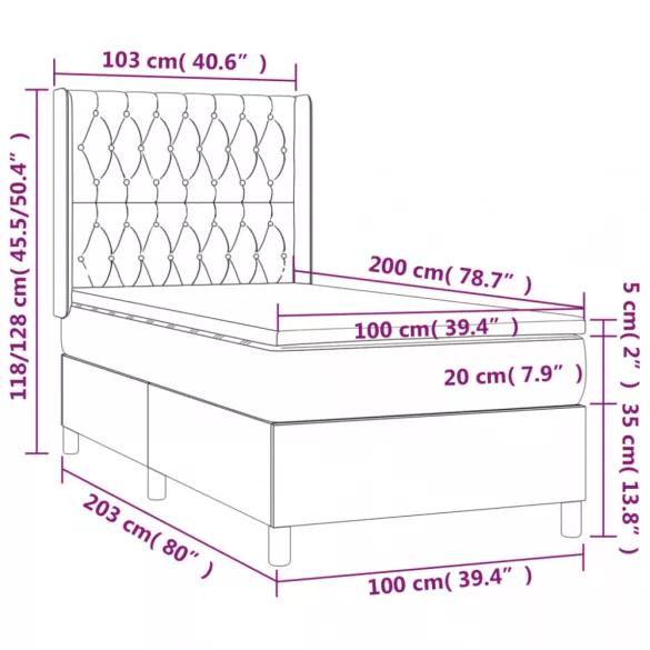 sötétszürke szövet rugós és LED-es ágy matraccal 100x200 cm