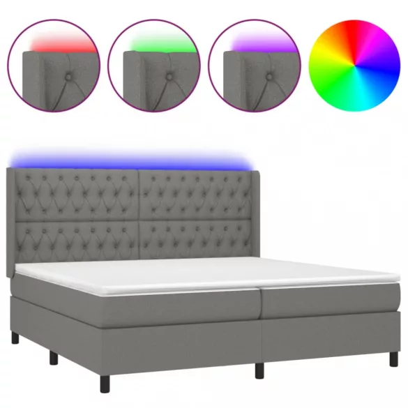 sötétszürke szövet rugós és LED-es ágy matraccal 200x200 cm