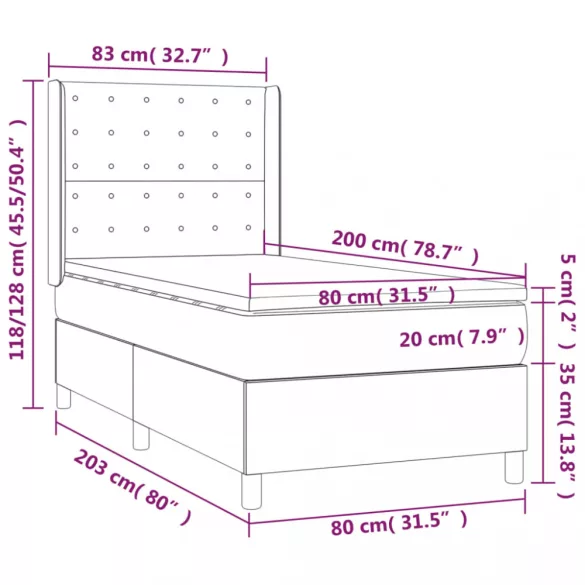 fekete szövet rugós és LED-es ágy matraccal 80 x 200 cm