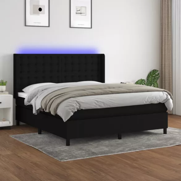 fekete szövet rugós és LED-es ágy matraccal 180 x 200 cm