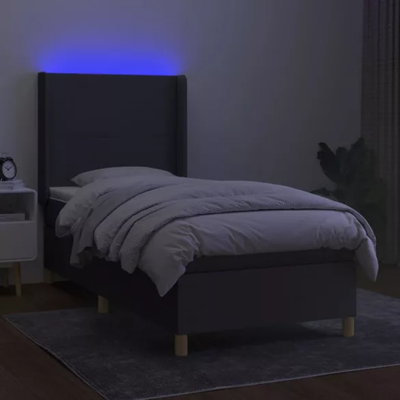 sötétszürke szövet rugós és LED-es ágy matraccal 90x190 cm