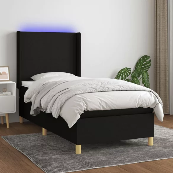 fekete szövet rugós és LED-es ágy matraccal 90x200 cm