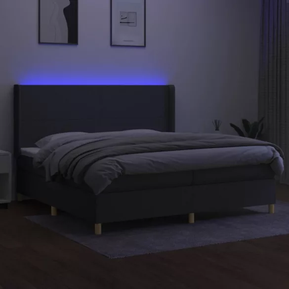sötétszürke szövet rugós és LED-es ágy matraccal 200x200 cm