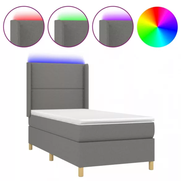 sötétszürke szövet rugós és LED-es ágy matraccal 90x190 cm