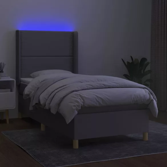 világosszürke szövet rugós és LED-es ágy matraccal 90x200 cm