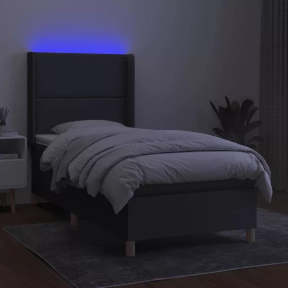 sötétszürke szövet rugós és LED-es ágy matraccal 90x200 cm