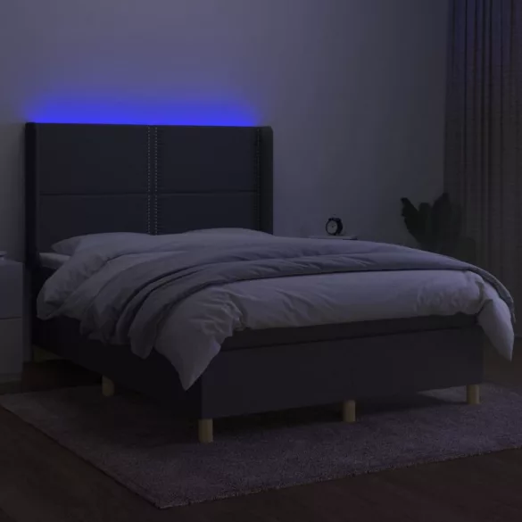 sötétszürke szövet rugós és LED-es ágy matraccal 140x200 cm