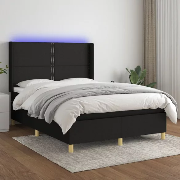 fekete szövet rugós és LED-es ágy matraccal 140x200 cm