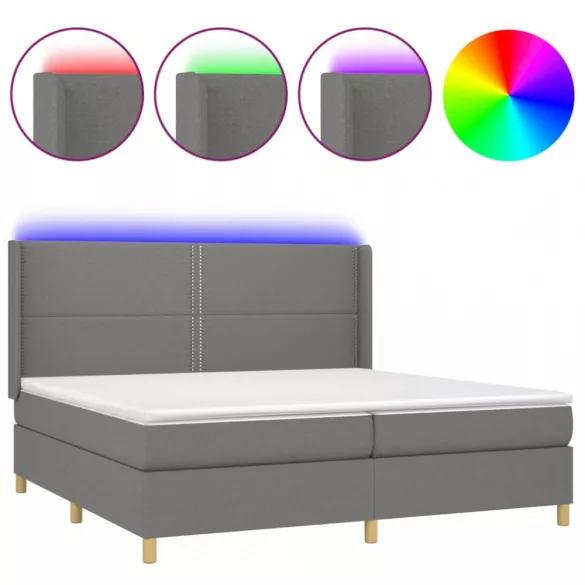 sötétszürke szövet rugós és LED-es ágy matraccal 200x200 cm