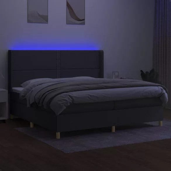 sötétszürke szövet rugós és LED-es ágy matraccal 200x200 cm