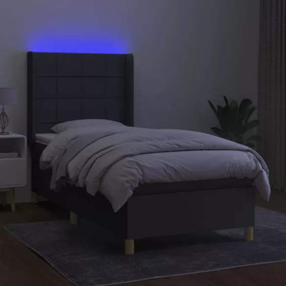 sötétszürke szövet rugós és LED-es ágy matraccal 90x190 cm