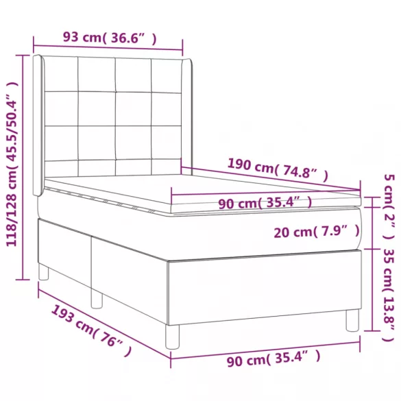 sötétszürke szövet rugós és LED-es ágy matraccal 90x190 cm