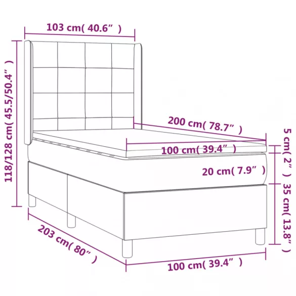 sötétszürke szövet rugós és LED-es ágy matraccal 100x200 cm