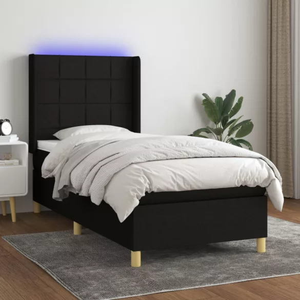 fekete szövet rugós és LED-es ágy matraccal 100x200 cm